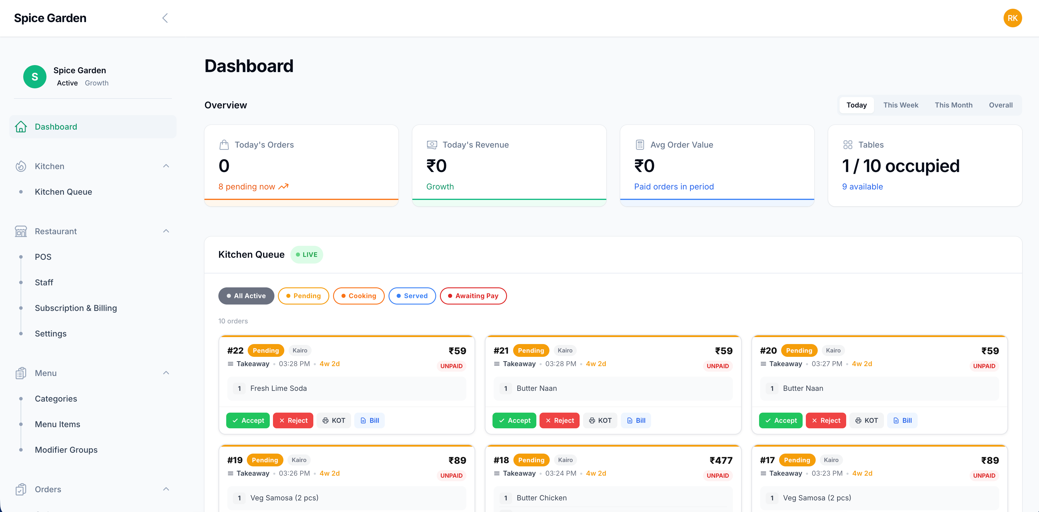 DineSync dashboard showing real-time orders, revenue, and kitchen queue