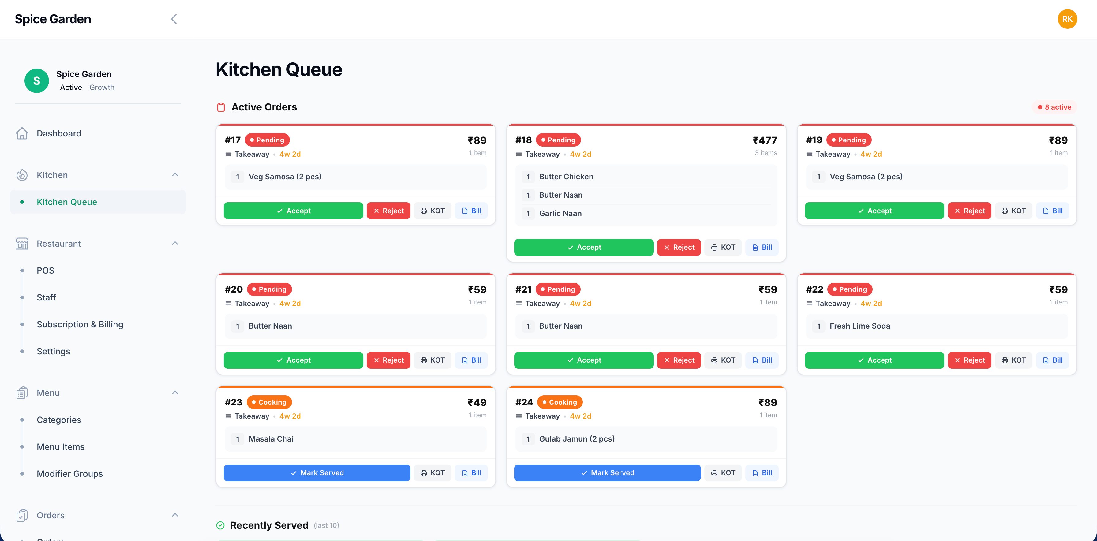 DineSync Kitchen Queue — live incoming orders with Accept, Reject, KOT and Bill actions