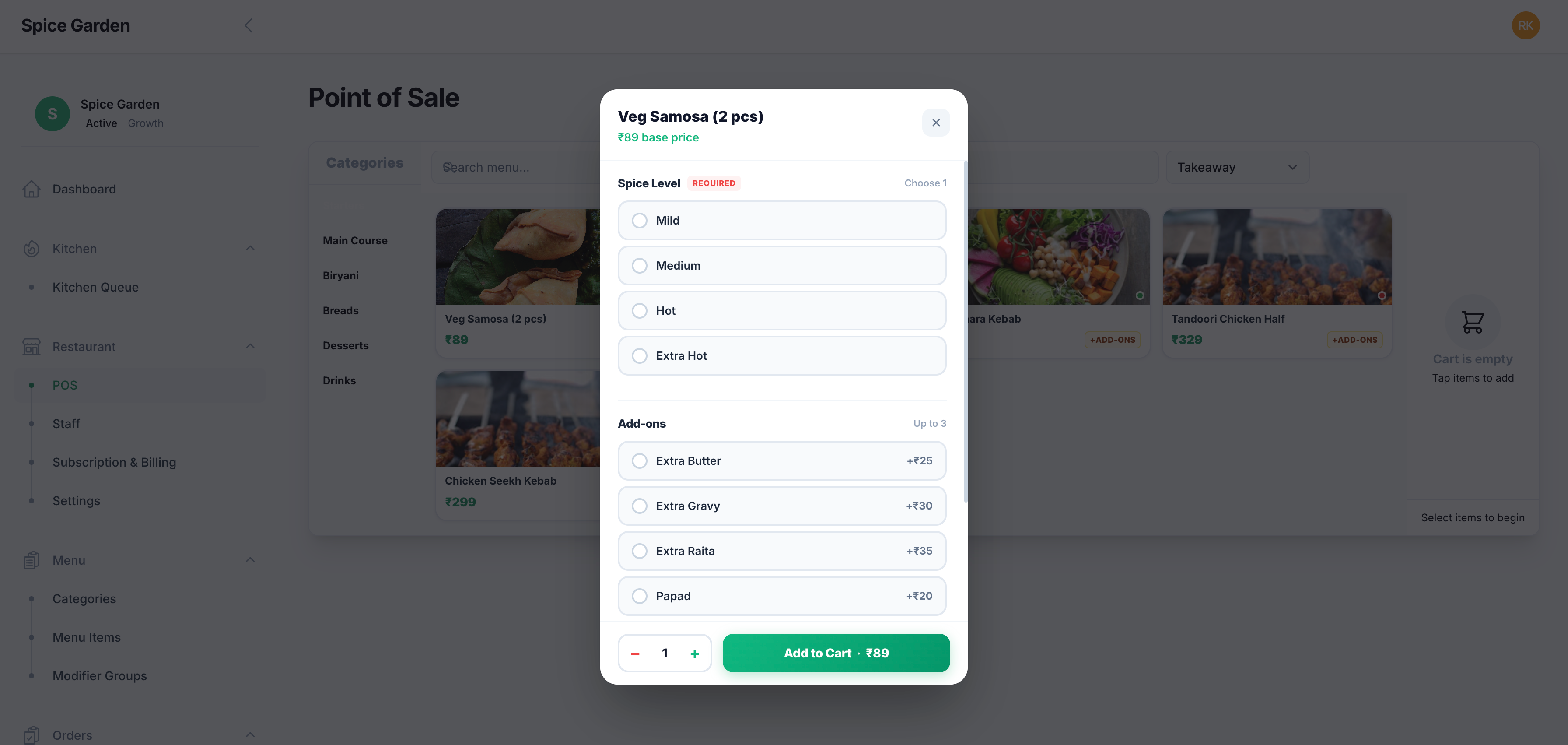 DineSync POS with food photo menu, item modifiers panel and add to cart