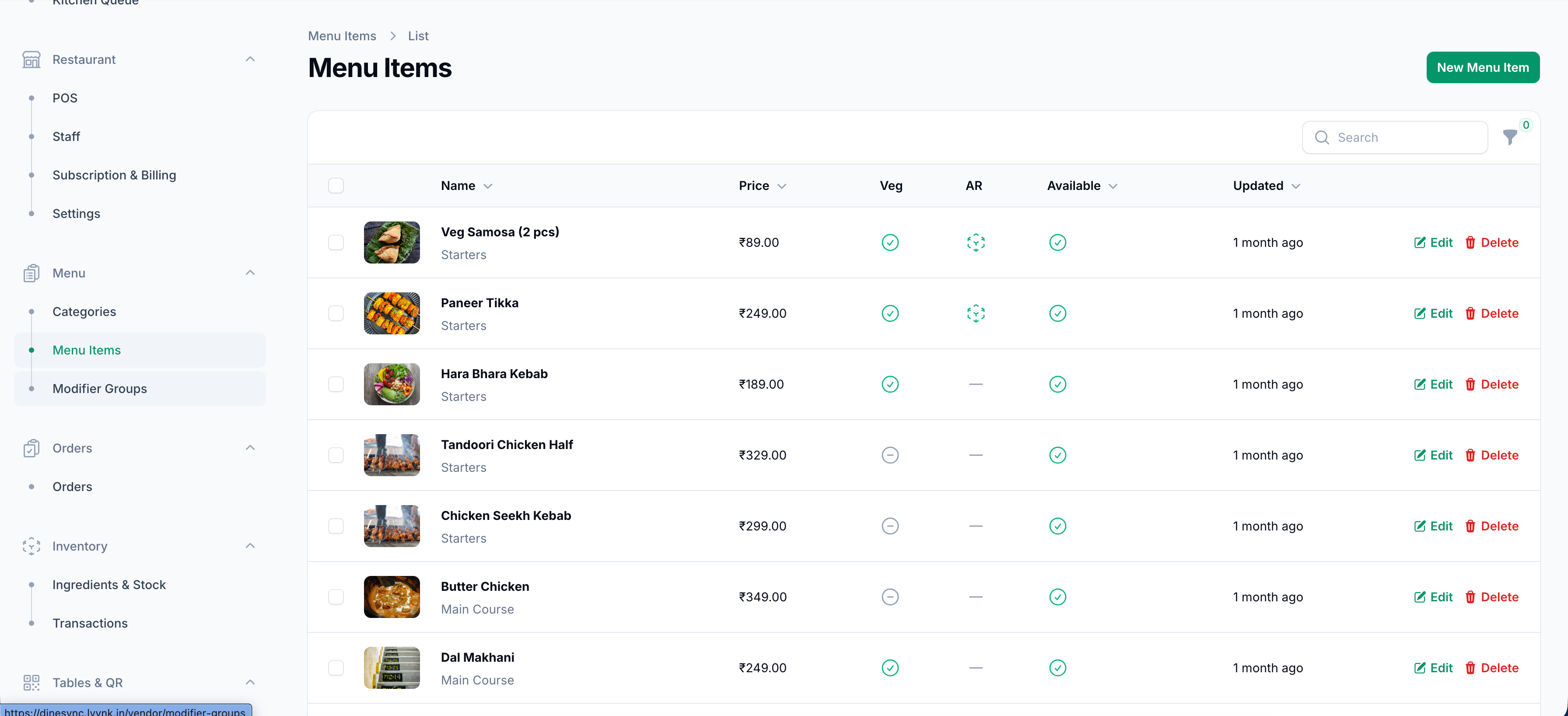 DineSync Menu Items list — food photos, price, veg/non-veg flag, AR marker, and availability toggle for each item