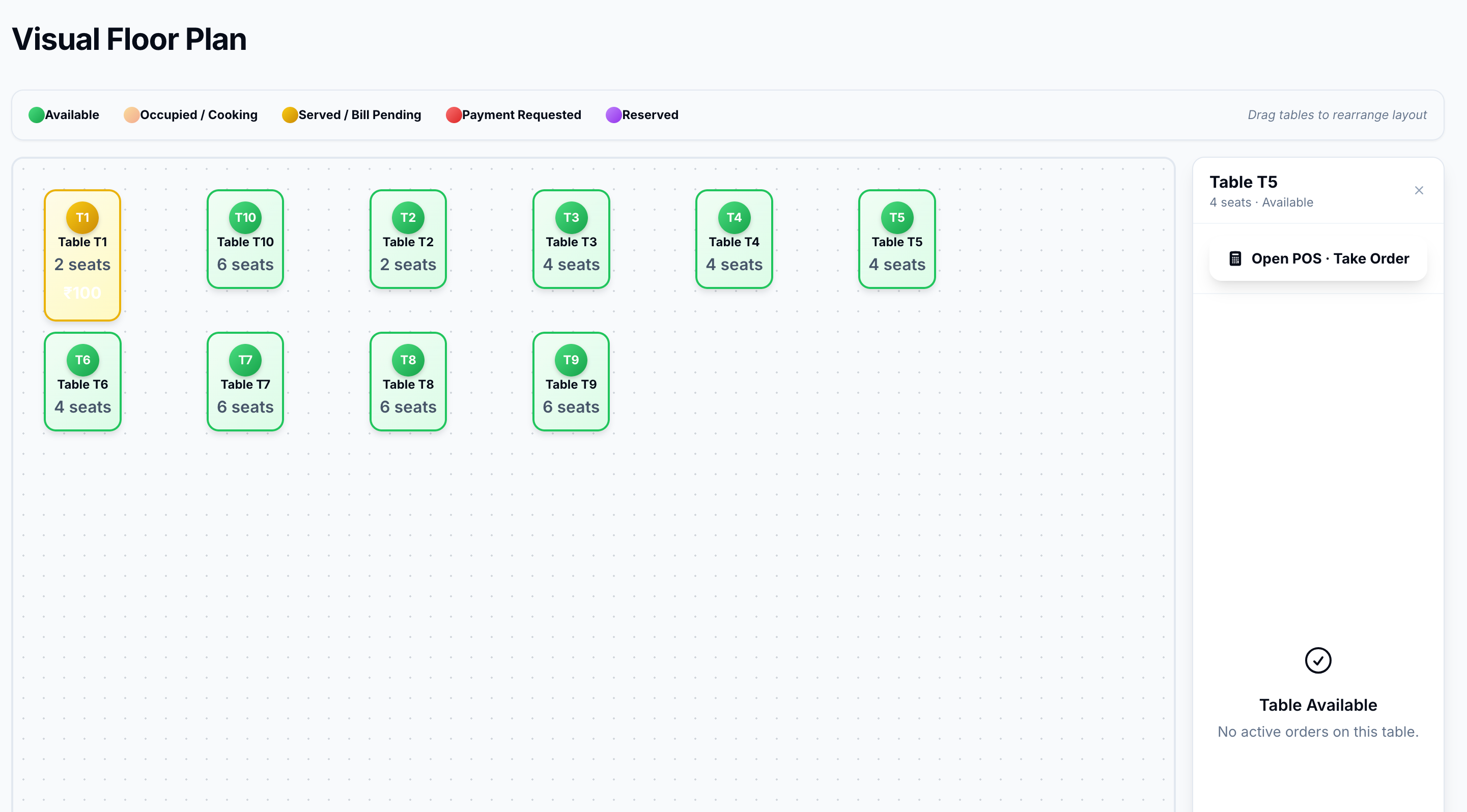 DineSync visual floor plan with colour-coded table status — Available, Cooking, Served, Reserved