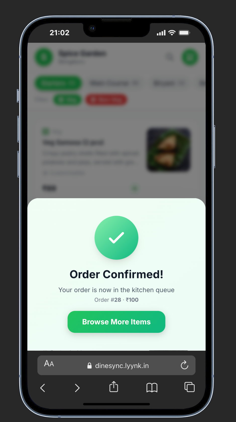 Customer QR menu — order confirmed screen