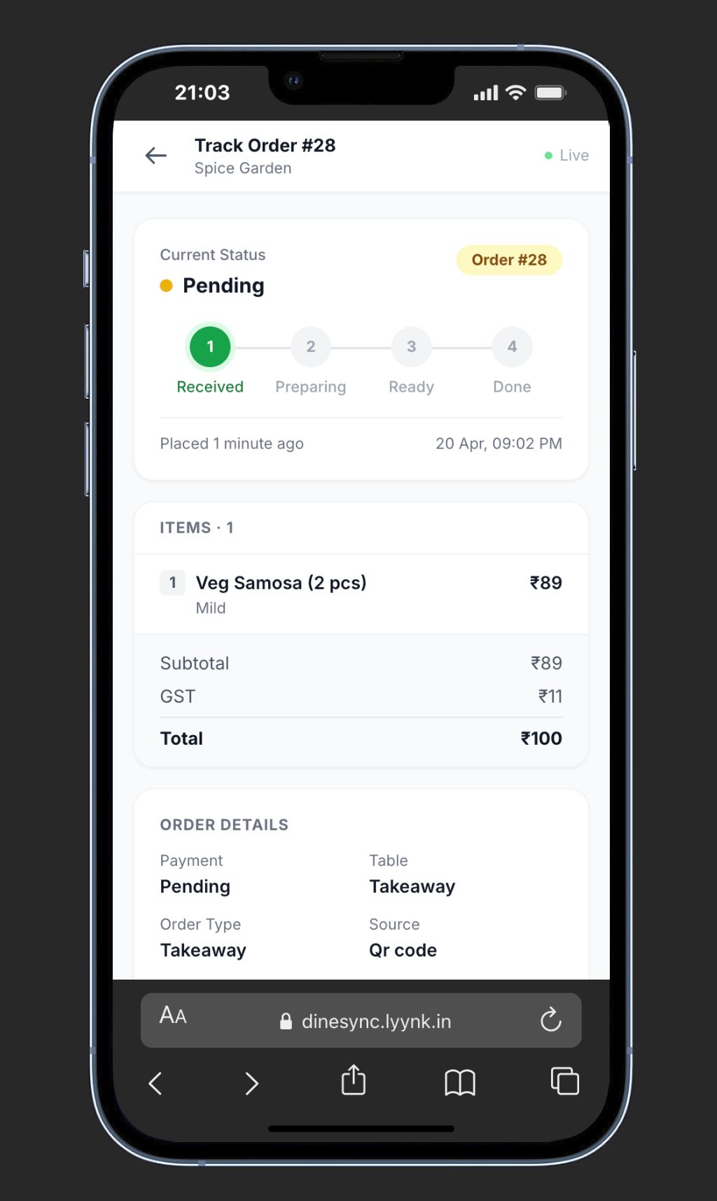 Customer order tracking screen on mobile — live status from Received to Preparing, Ready and Done with GST receipt