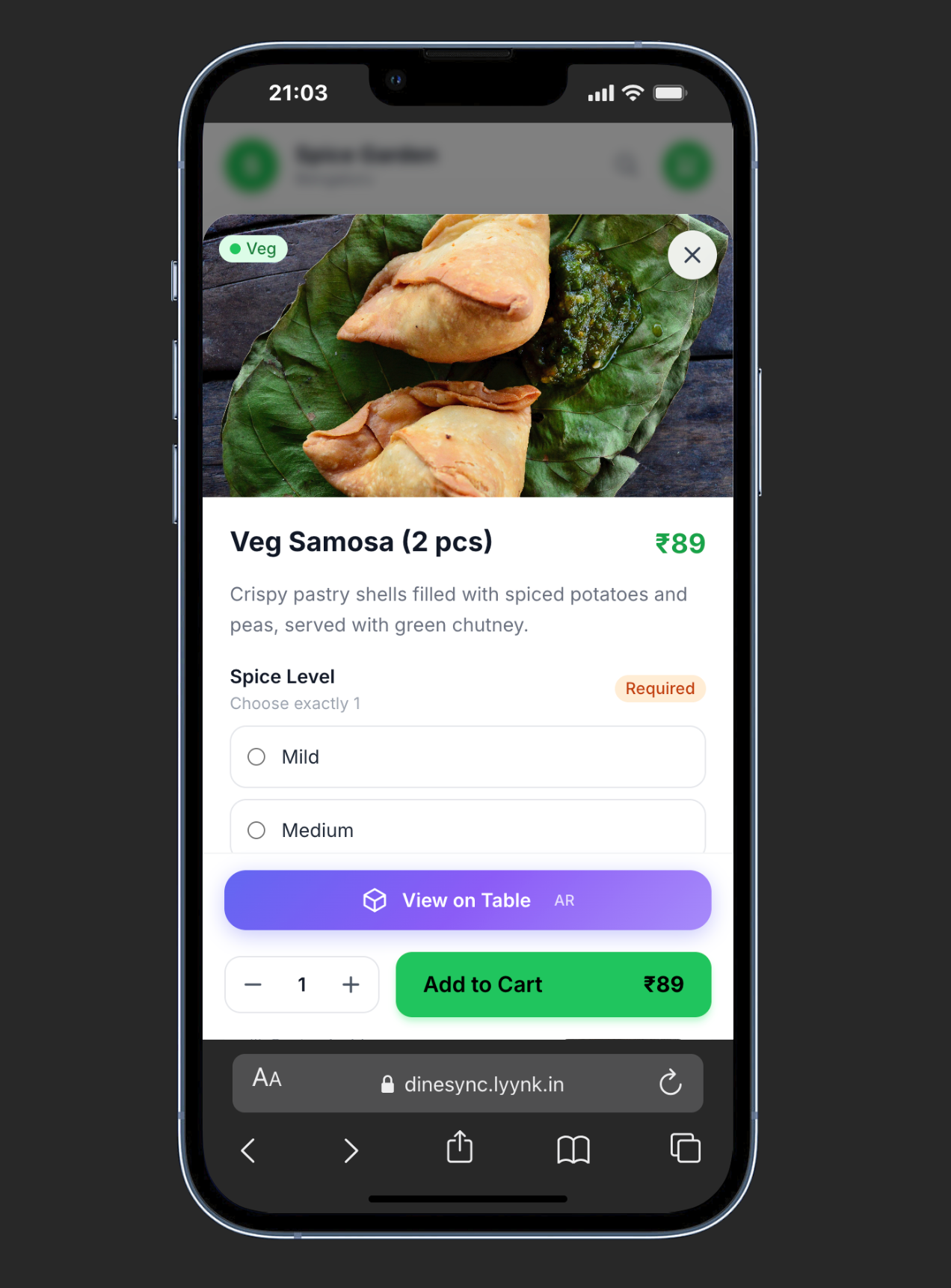 Customer QR menu — item detail with spice level and add-on selection