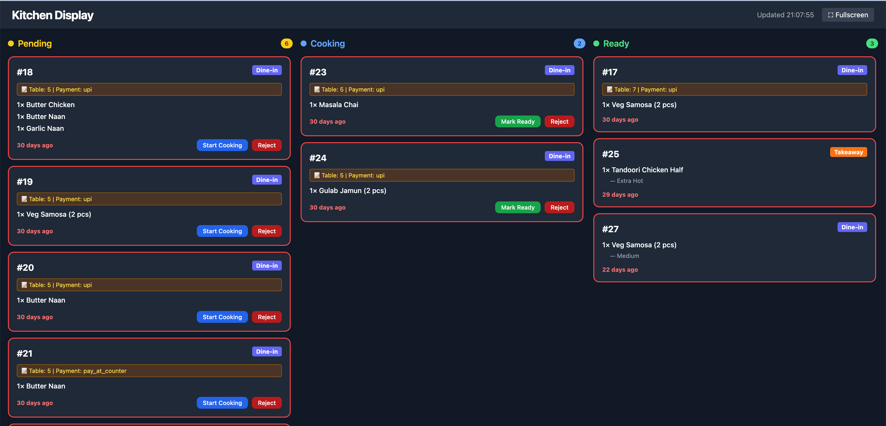 DineSync Kitchen Display System — Pending, Cooking, Ready columns in dark mode