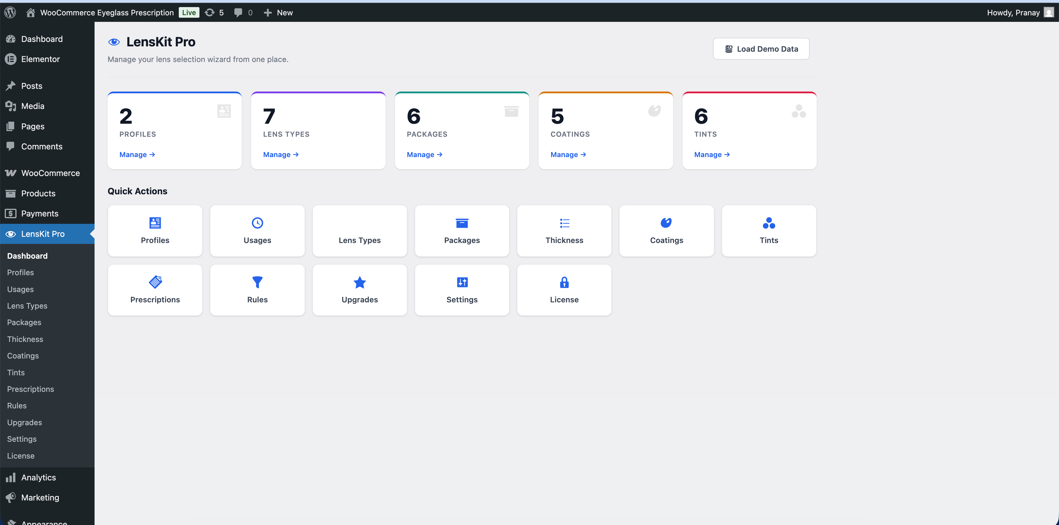 LensKit Pro admin dashboard — overview with stats for Profiles, Lens Types, Packages, Coatings, Tints