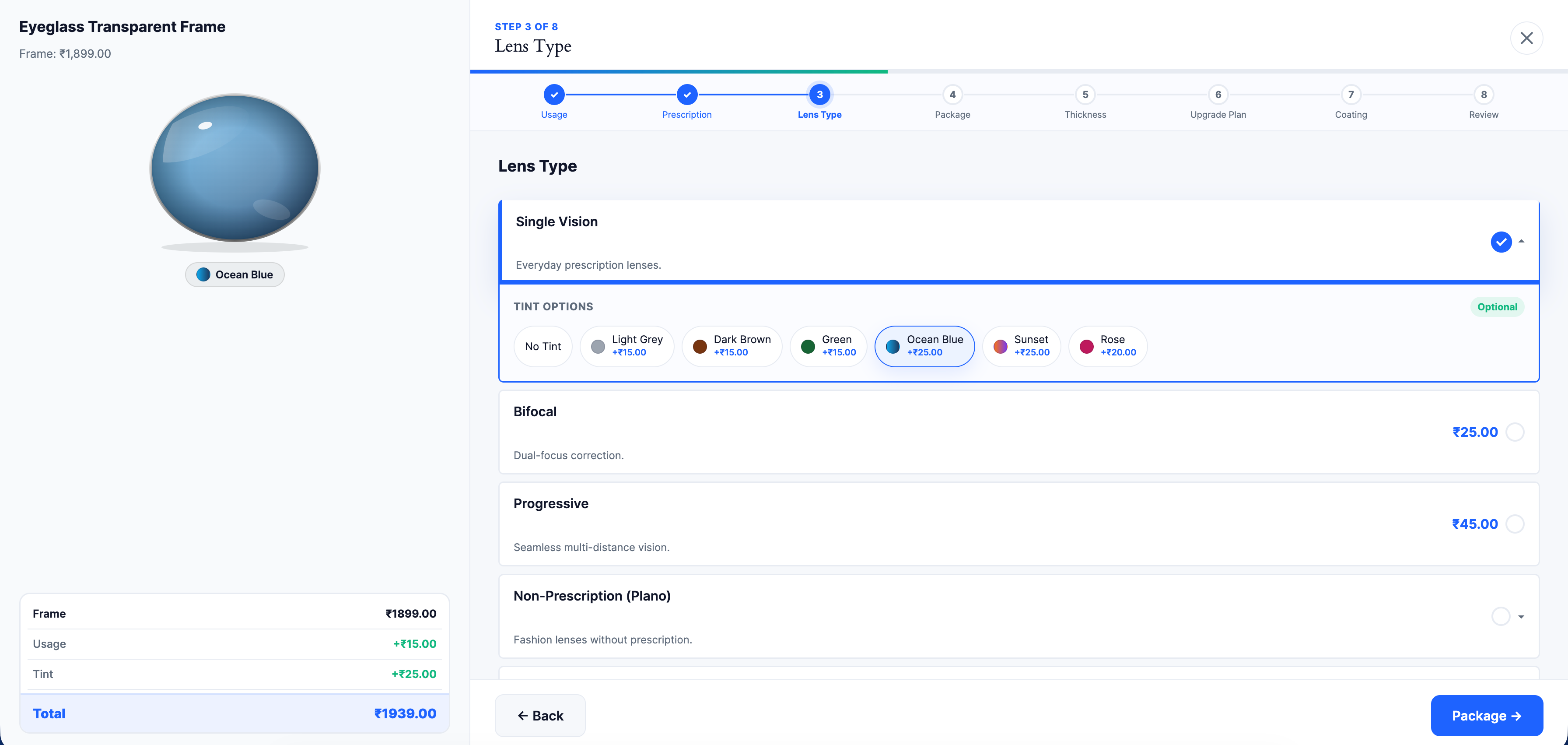LensKit Pro tint selection — live SVG lens preview with Ocean Blue gradient tint selected