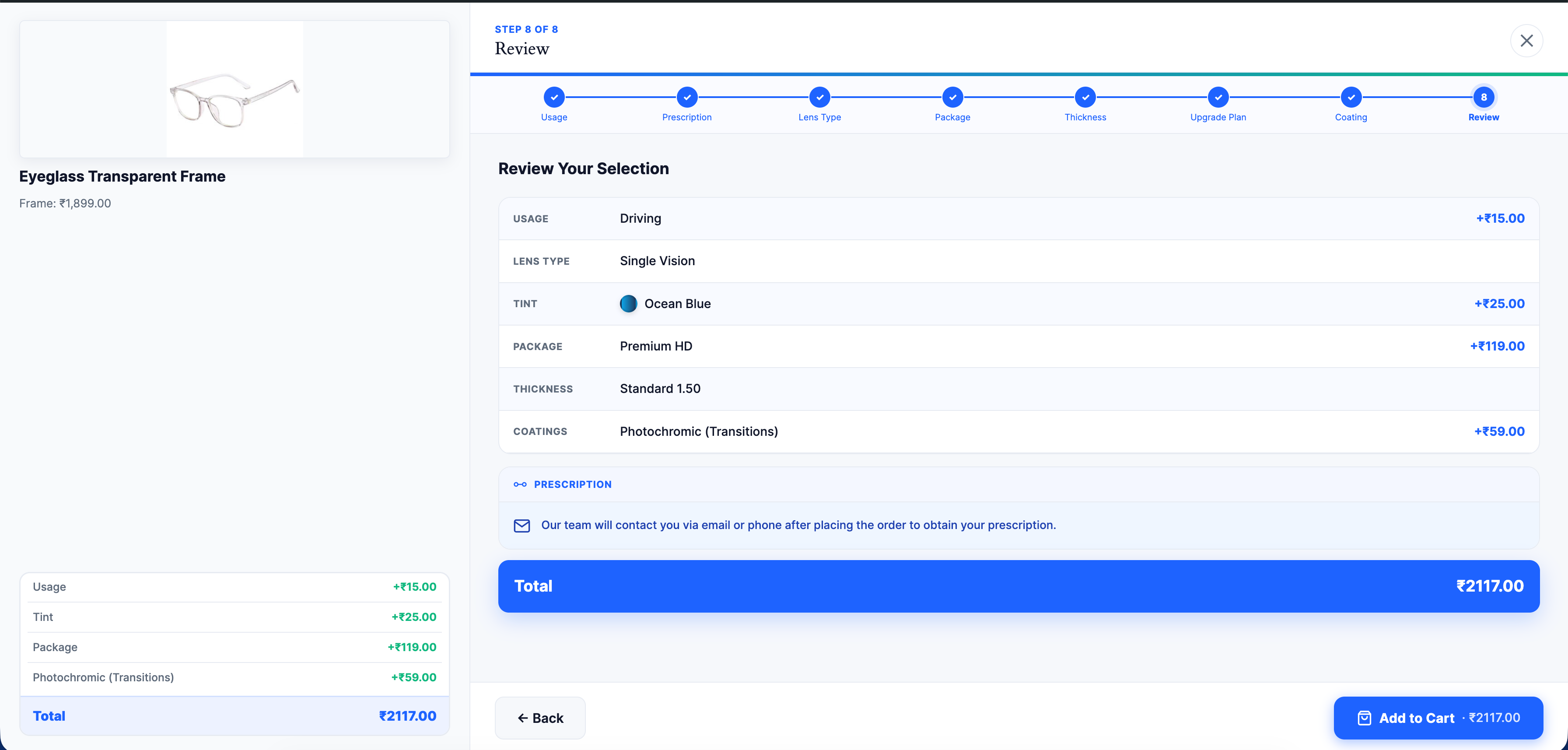 LensKit Pro review step — full selection summary with total ₹2,117 and Add to Cart button