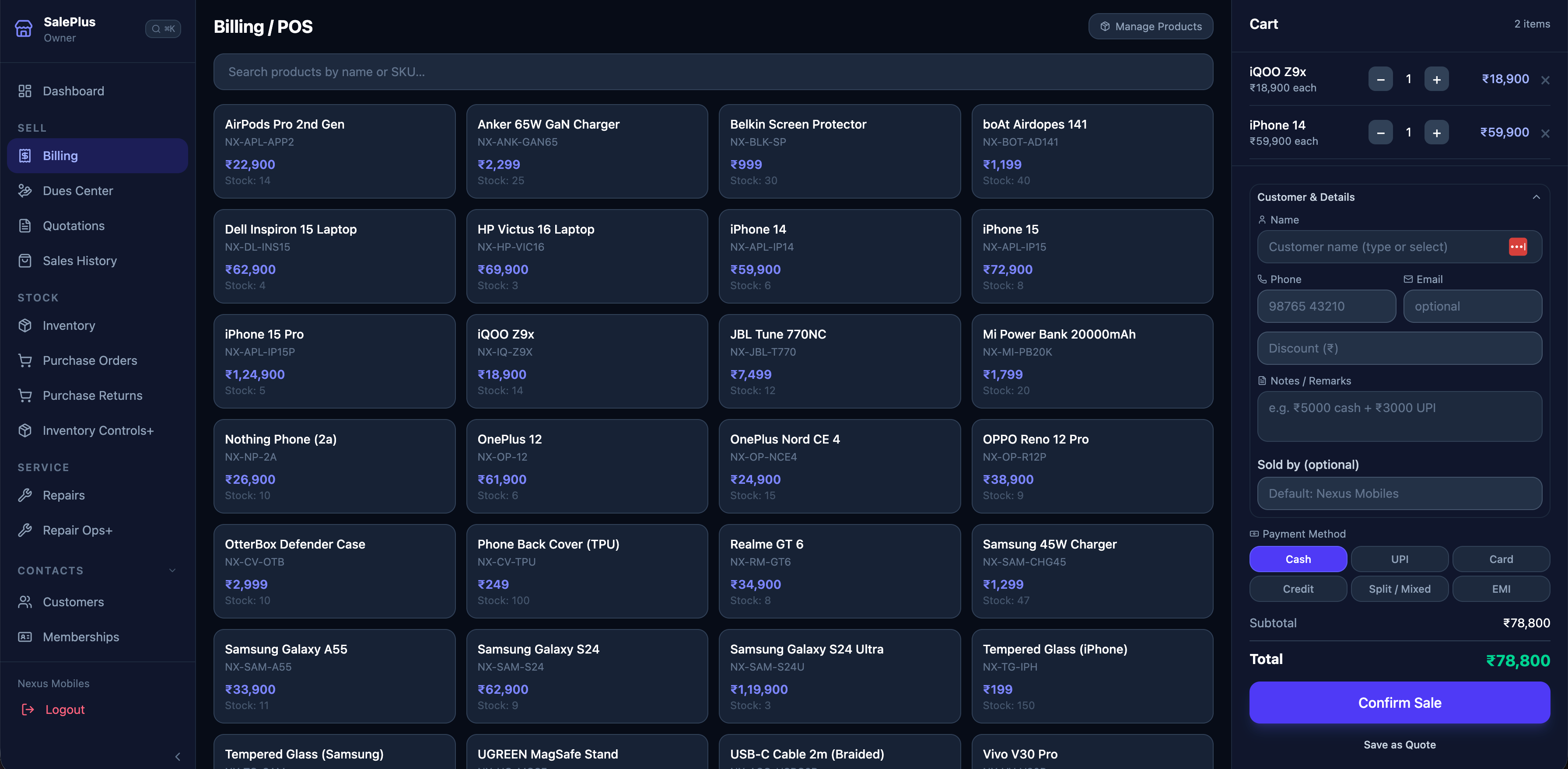 Saleplus POS billing screen with product search, cart, discount and payment options