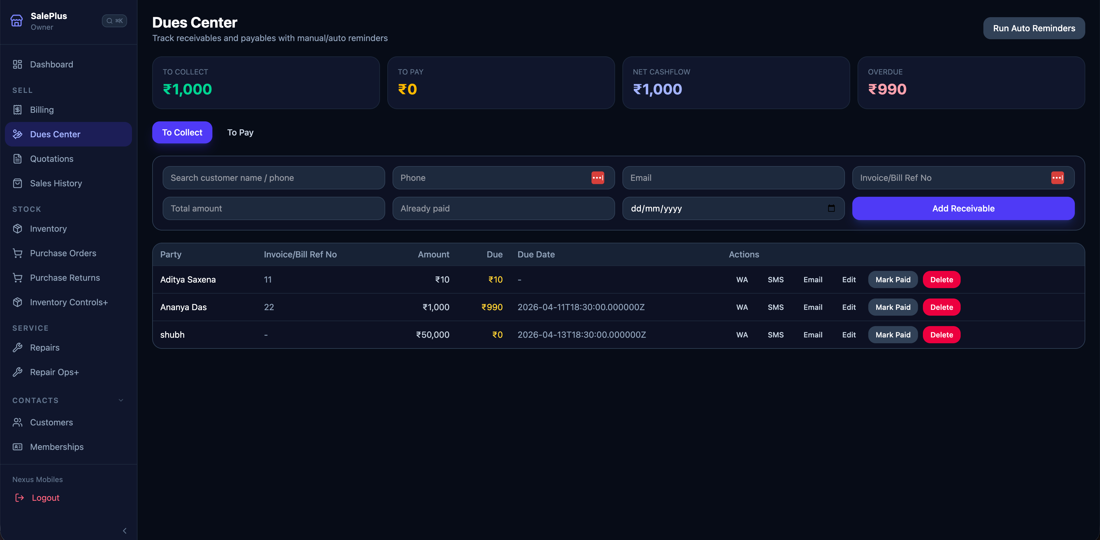Saleplus dues center showing outstanding customer balances with collection and reminder actions