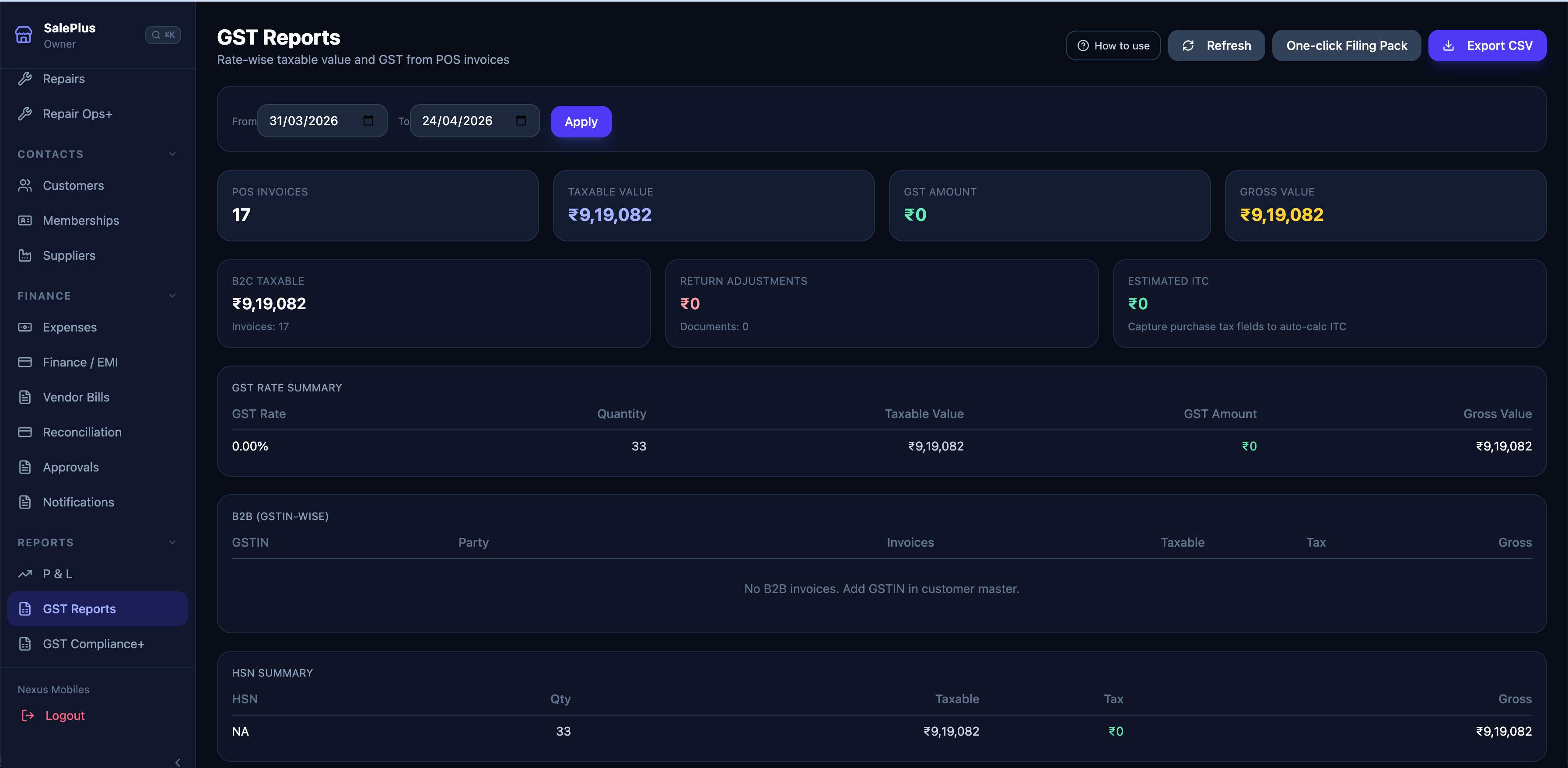 Saleplus GST report with GSTR breakdown by slab, date range and export option