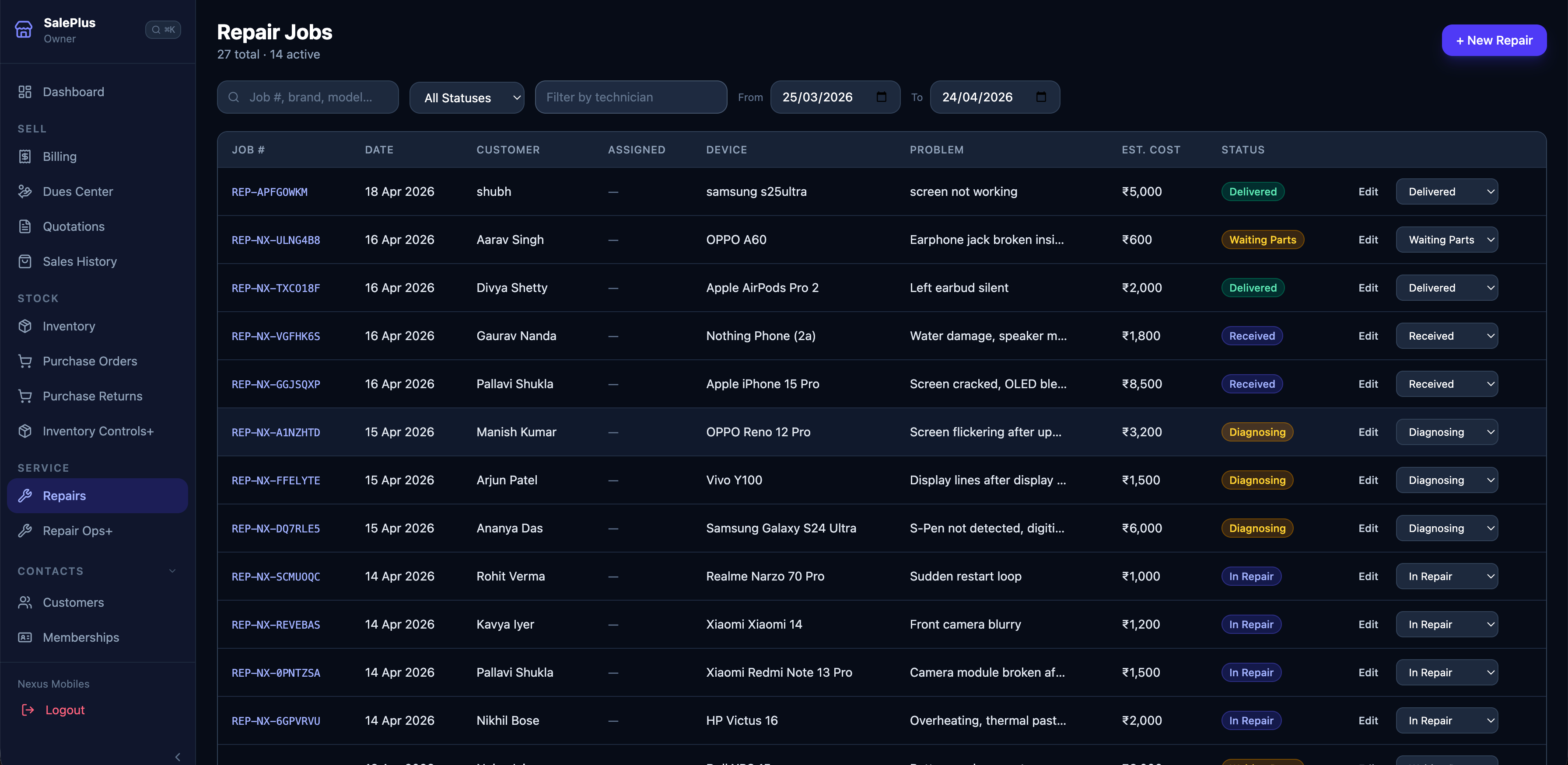 Saleplus repair job tracker with device details, technician assignment and status pipeline