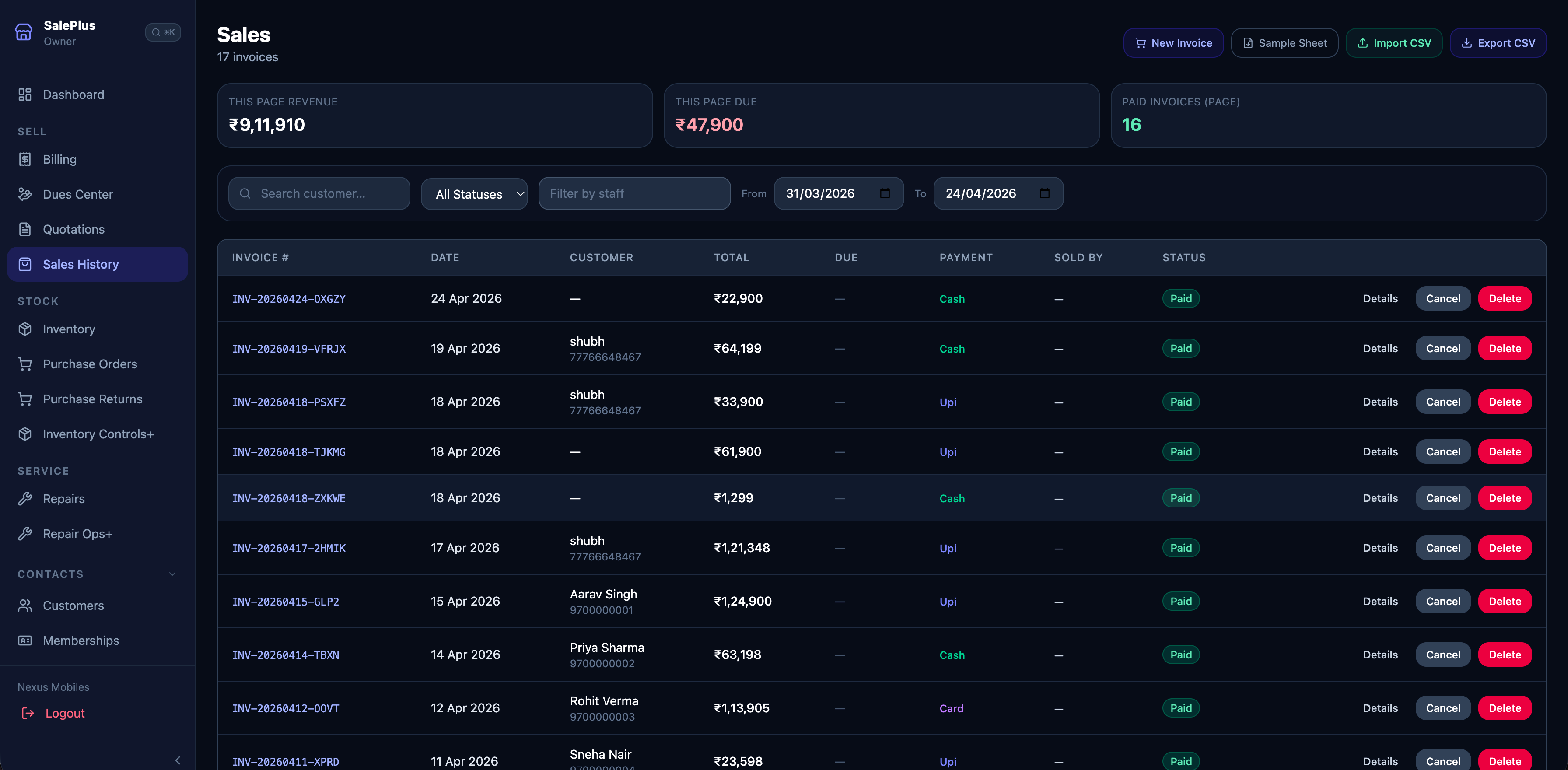 Saleplus sale history with transaction list, filters, and receipt reprint option
