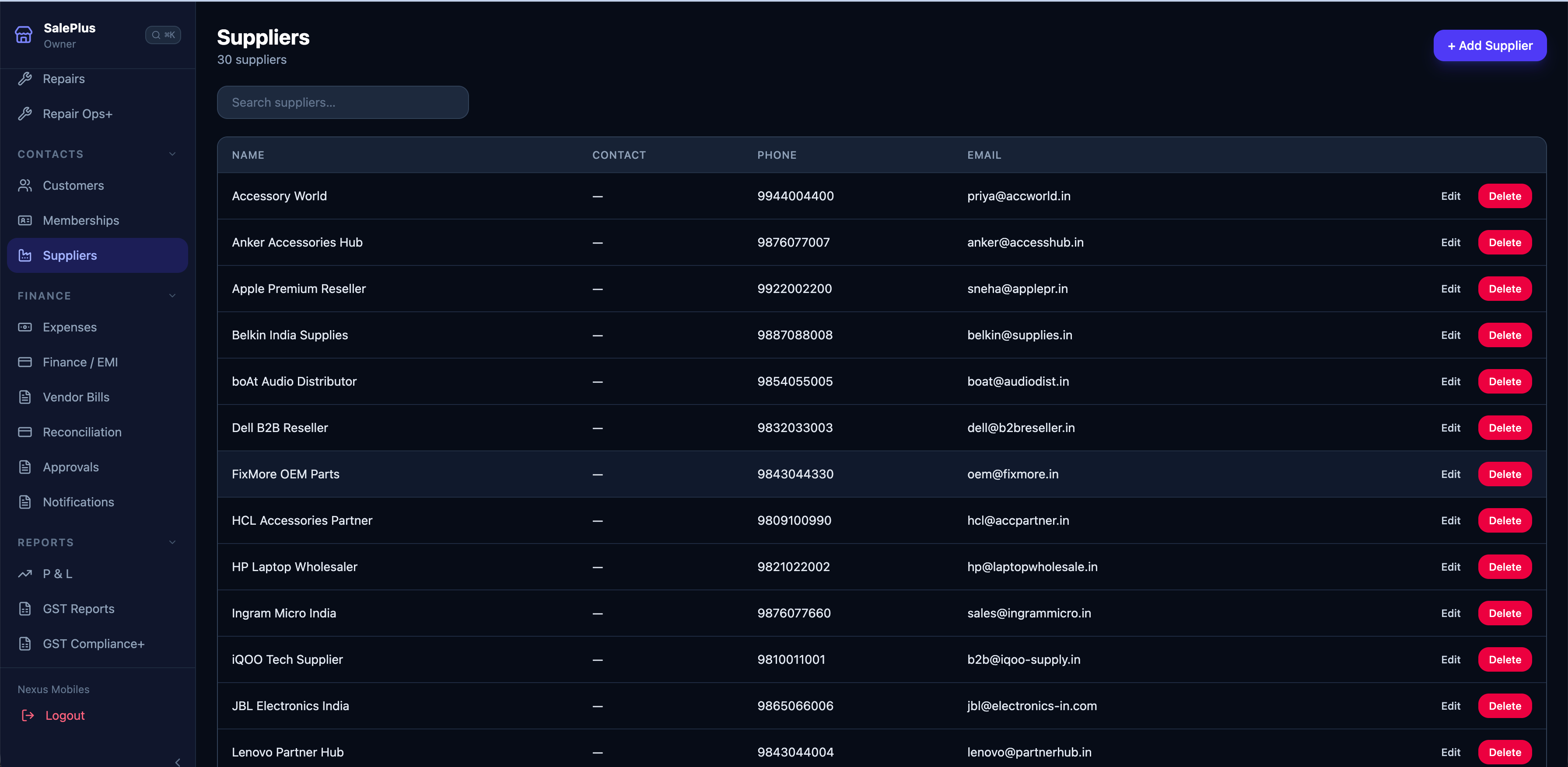 Saleplus supplier management with vendor list, purchase history and outstanding balances